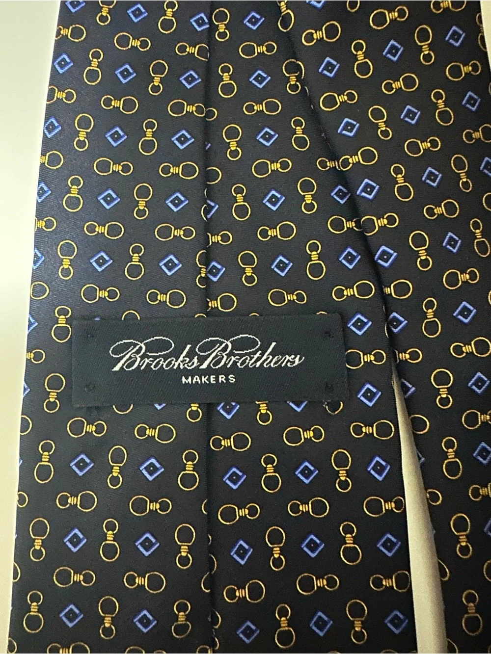 Brooks Brothers Navy Silk Tie with Gold and Royal Blue Motif